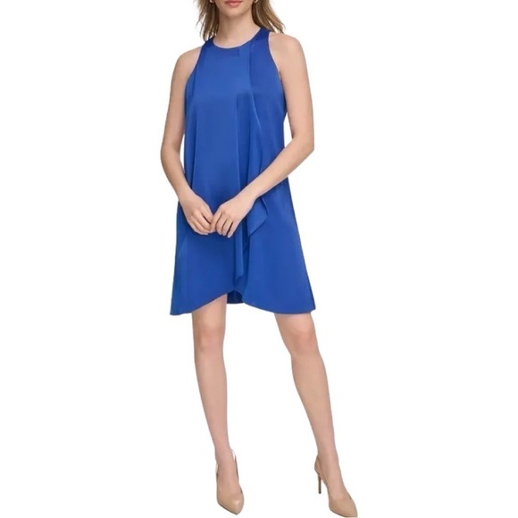 NWT CALVIN KLEIN Cobalt Blue Sleeveless Ruffled Sheath Mini Dress Sz 6 - Picture 1 of 6